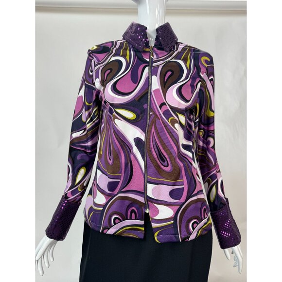 Psychedelic Patterned Jacket With Sequin Collar & Cuffs Sz Lg Zip Front Polyeste - Picture 10 of 16